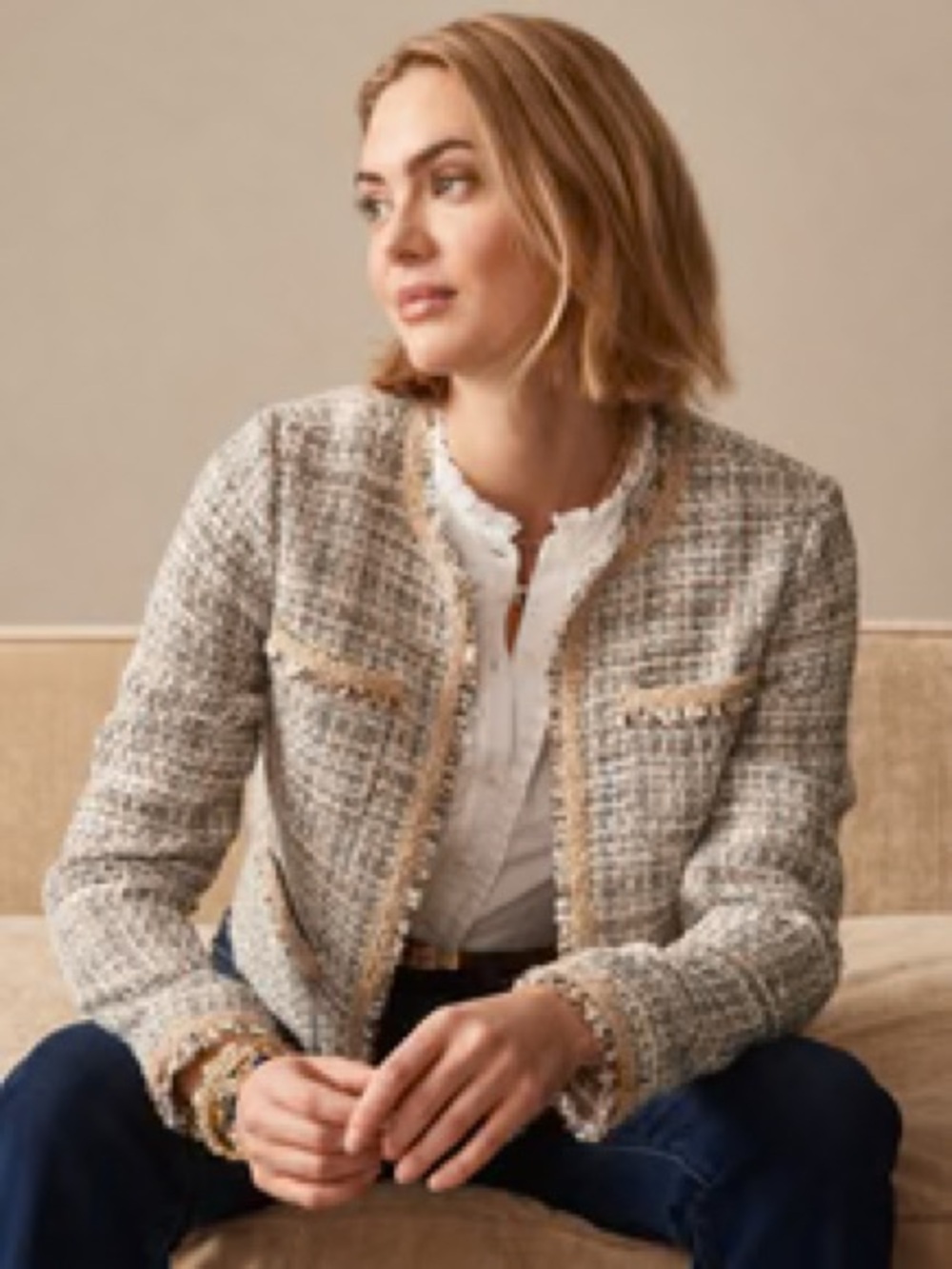 J.McLaughlin Martha Tweed Jacket Womens S Blue Cream Chambray Trim $348 Chic